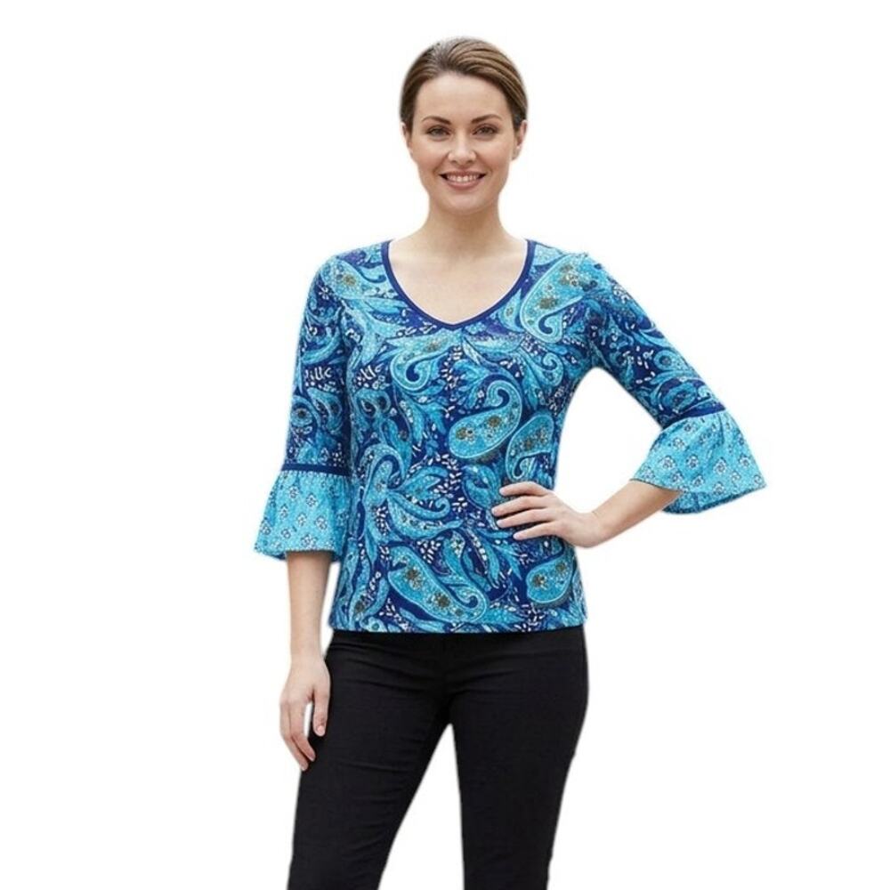 Vera Bradley Blue Daisy Paisley Kelsey Bell Sleeves Flutter Top, M SRP: $60